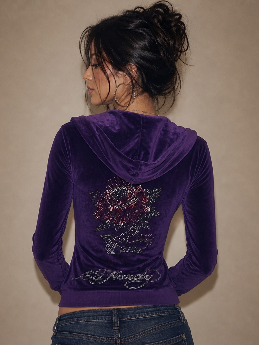 Ed Hardy Y2K Purple Velour Rhinestone Zip Up Hoodie Rose Dragon Size M